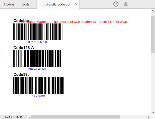 在 pdf 页面上绘制 codabar、code128 和 code39 三种条形码